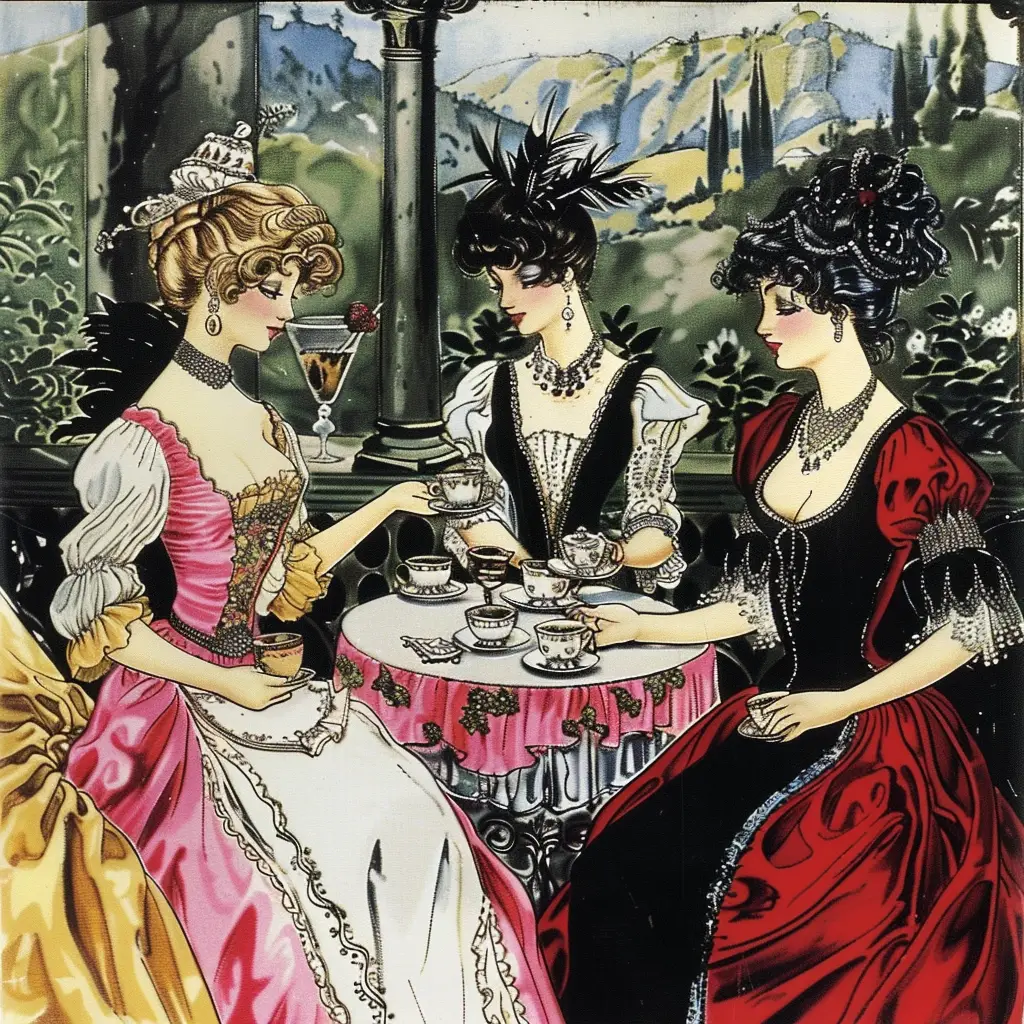 lady noble ladies retro leisure villa afternoon tea illustration