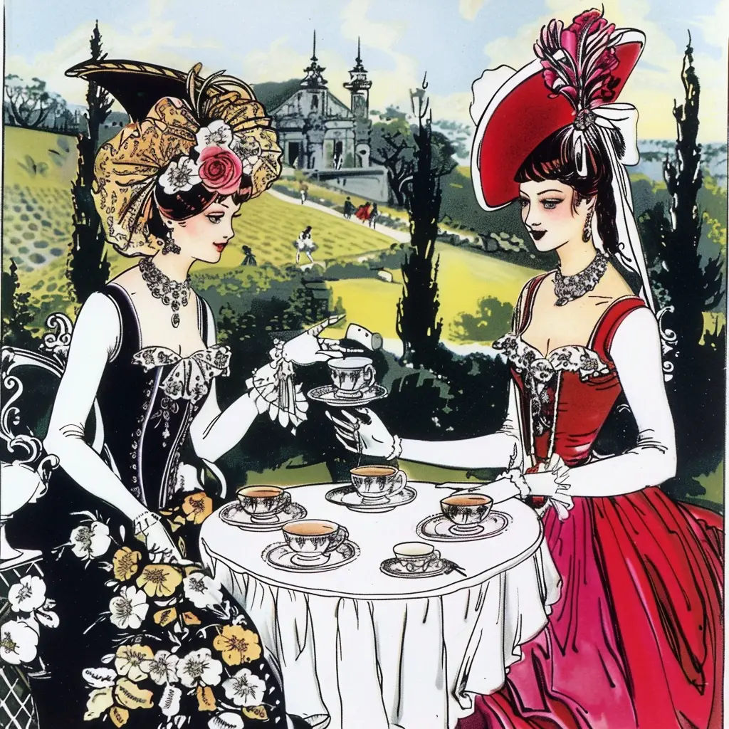 lady noble ladies retro villa leisure afternoon tea illustration