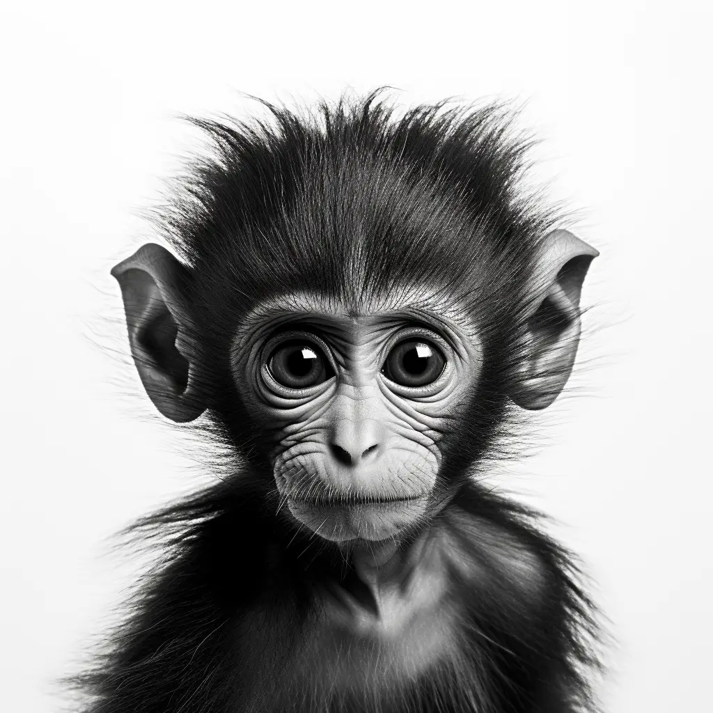 little monkey ape baby black white face head silhouette front photography