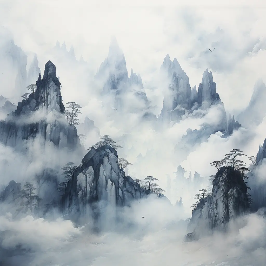 mountain river Chinese landscape black and white ink wash painting