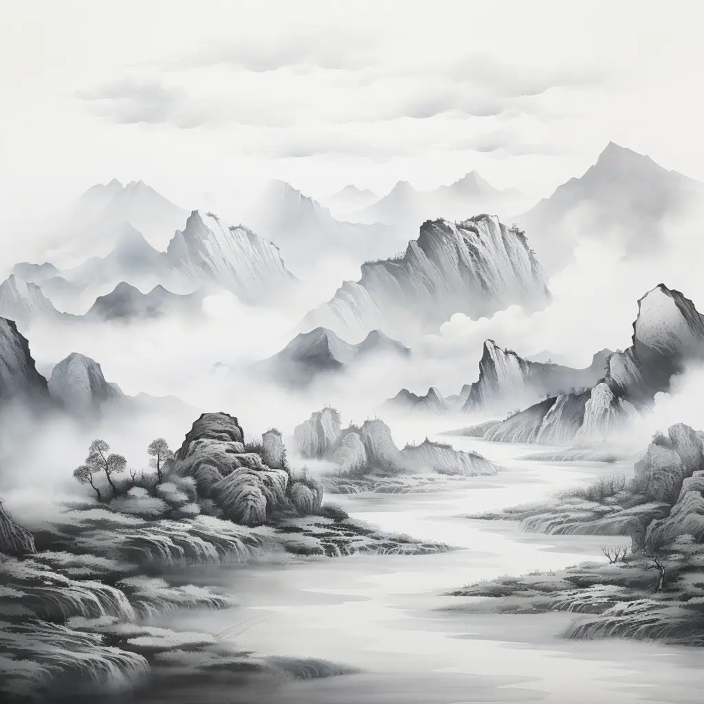 mountain river landscape Chinese black and white ink wash painting