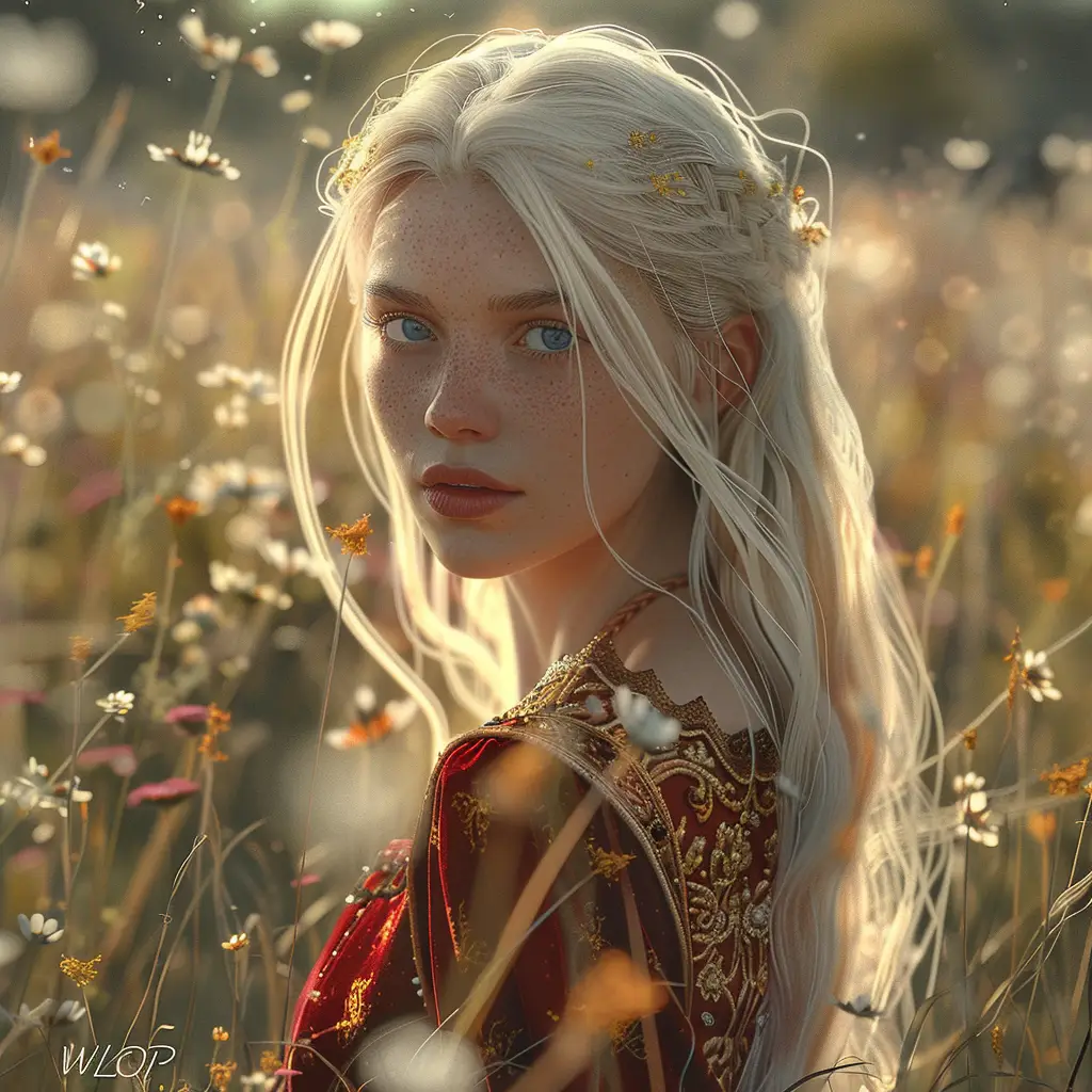 nymph woman female girl lady princess beautiful long hair dress red face drawing painting sunshine