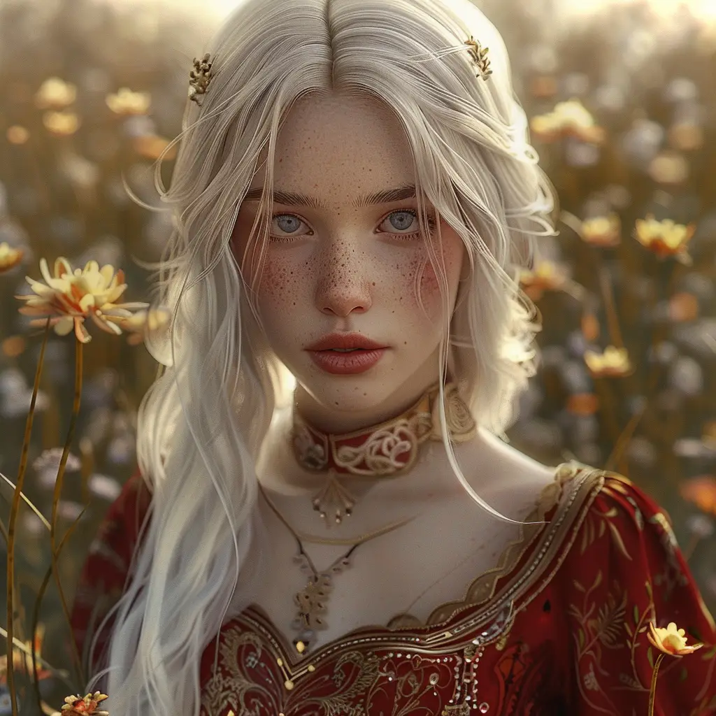 nymph woman female girl lady princess beautiful long hair dress red face drawing sunshine painting