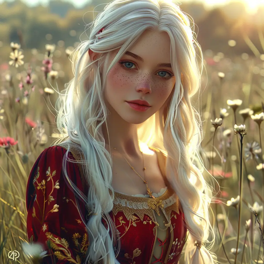 nymph woman female girl lady princess beautiful long hair red dress face drawing painting sunshine