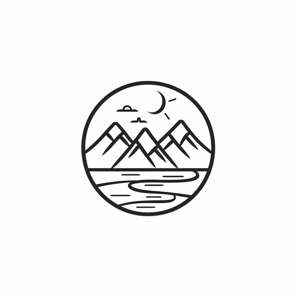 river mountain black and white line logo design
