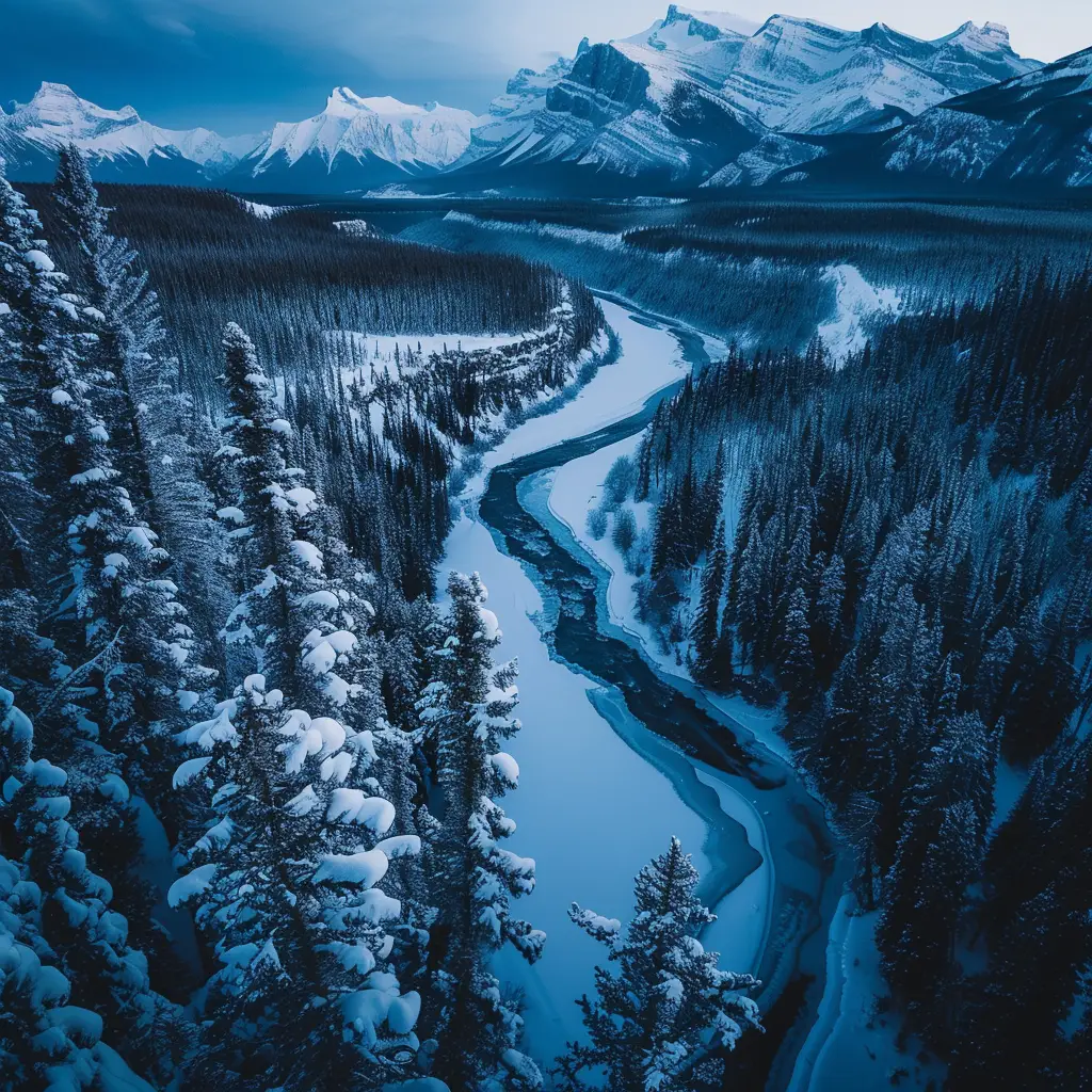 Snowy Mountain Pine Trees River Ice Blue Sky