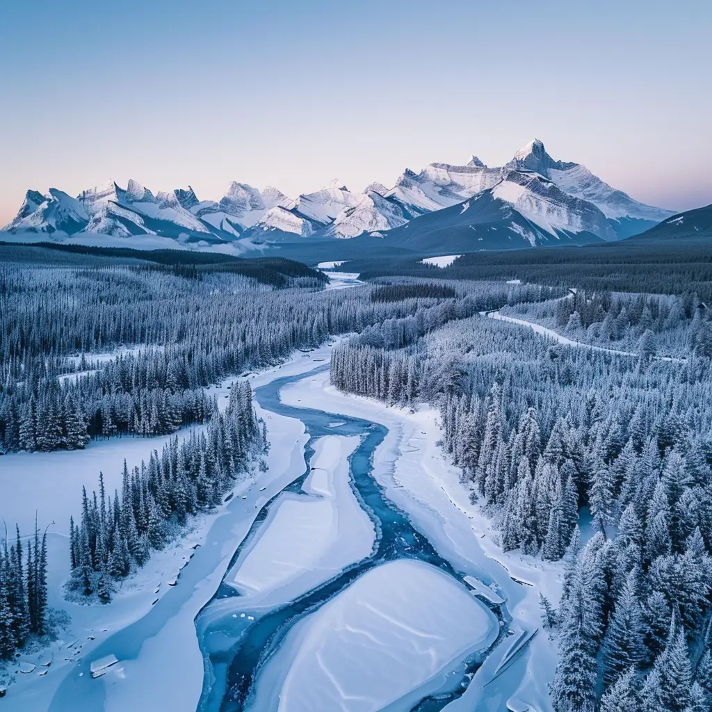 Snowy Mountain Peaks Frozen River Pine Forest Winter