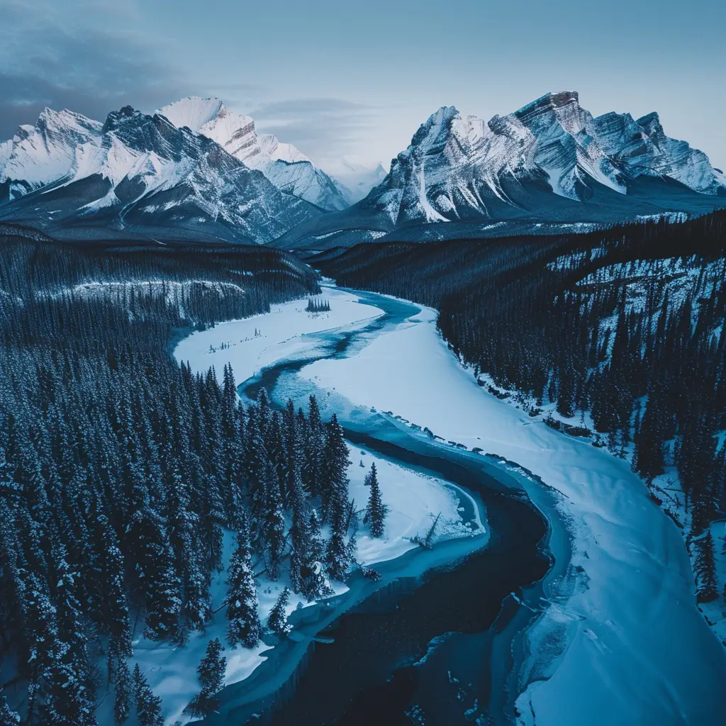 Snowy Mountain Peaks River Forest Winter