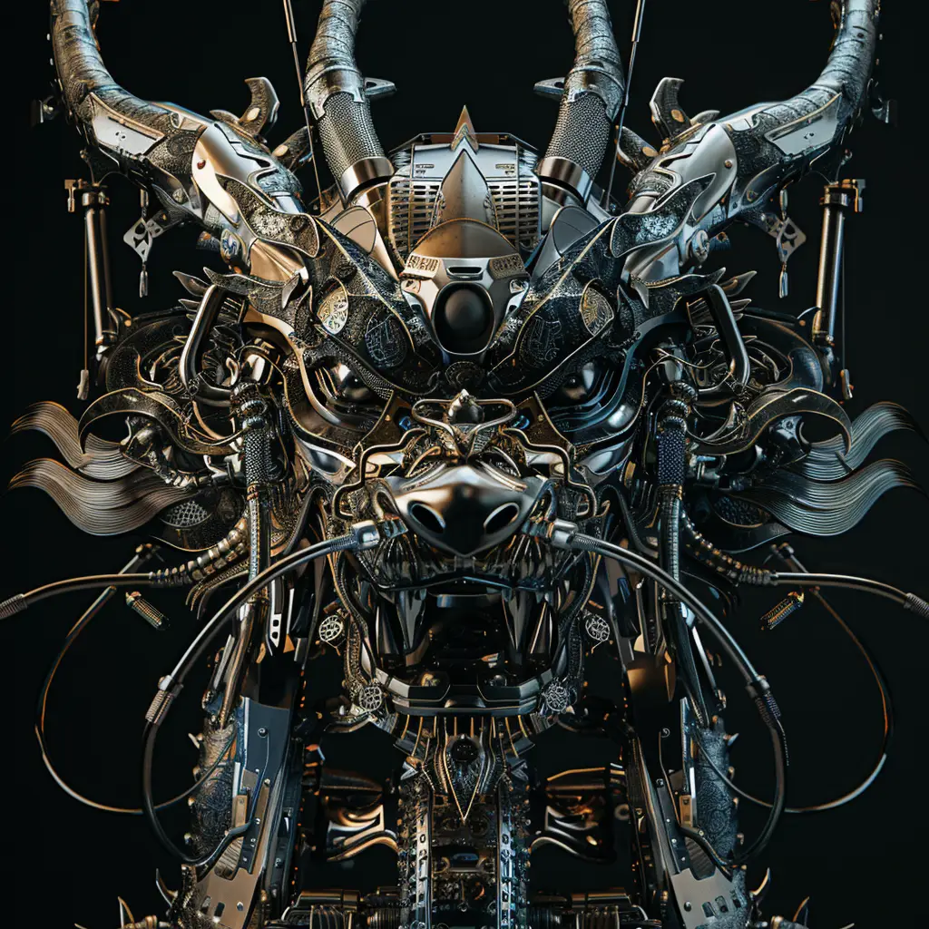 Chinese dragon mechanical head 3D robotic mecha science fiction AI