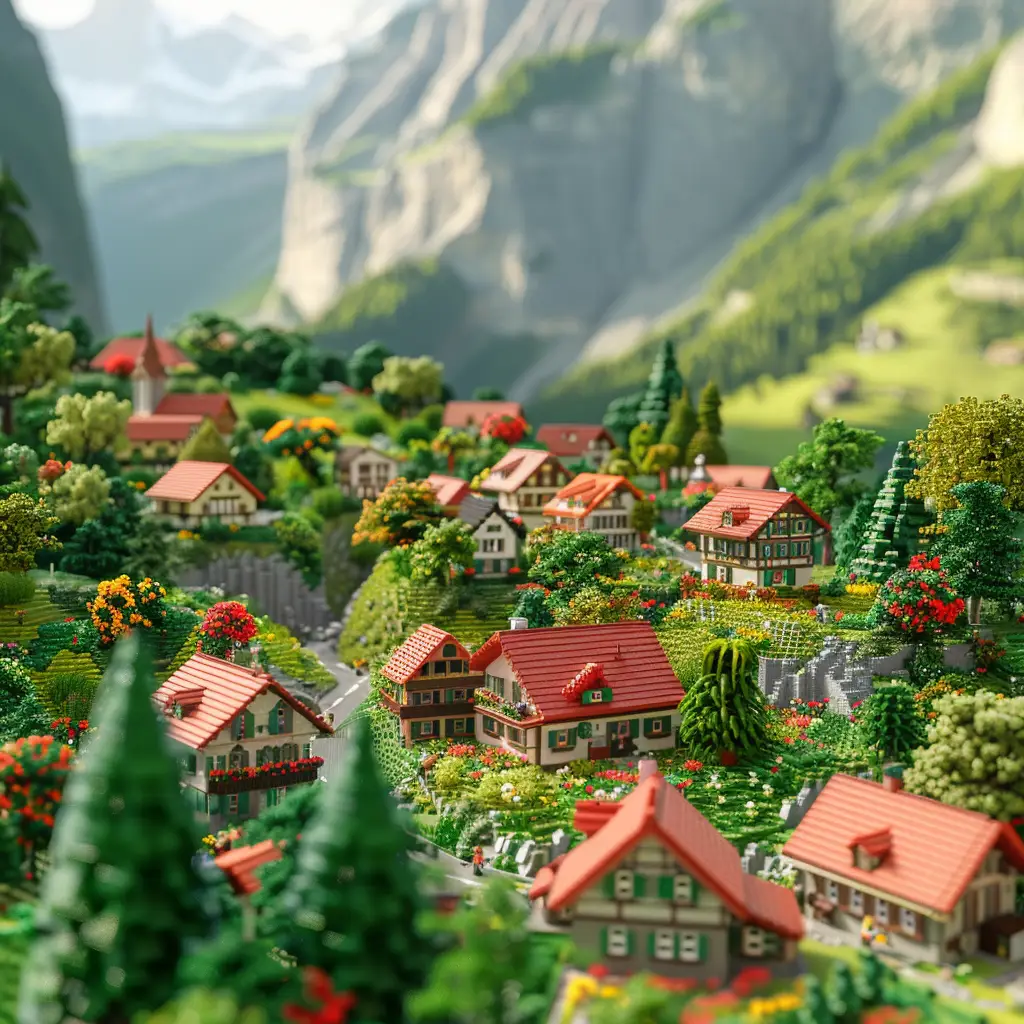 village house mountain assembled lego 3D scene model