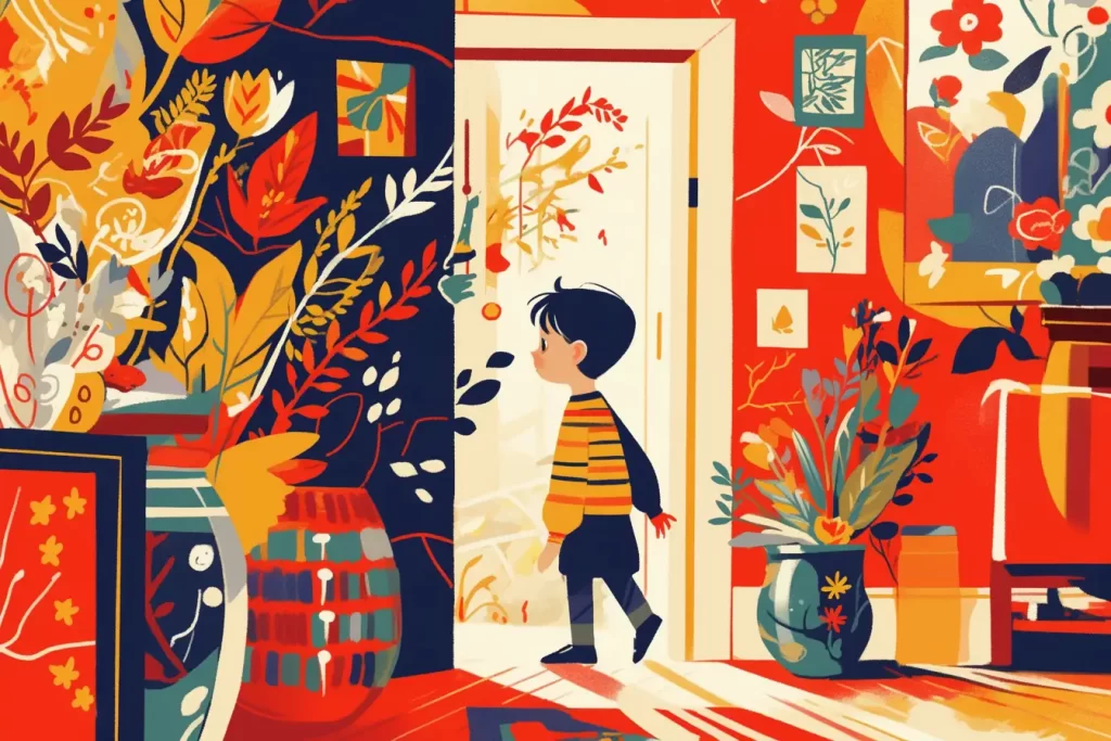 boy walk walking into a room colorful art illustration painting