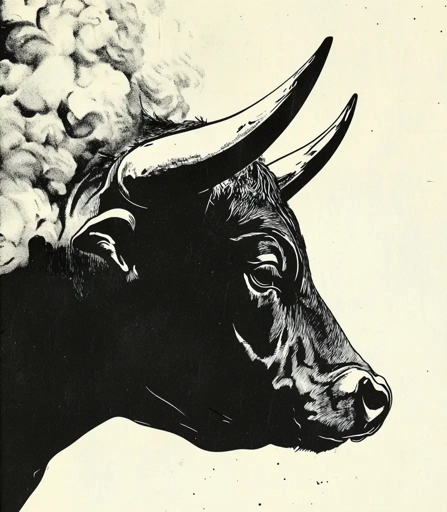 bull head black and white woodblock woodcut print