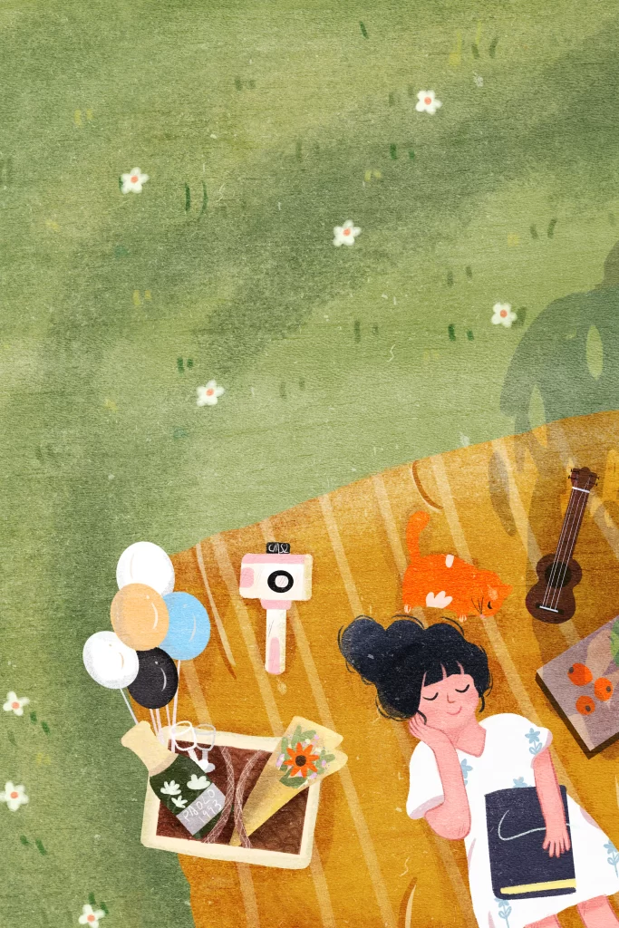 girl sleeping greensward park book illustration