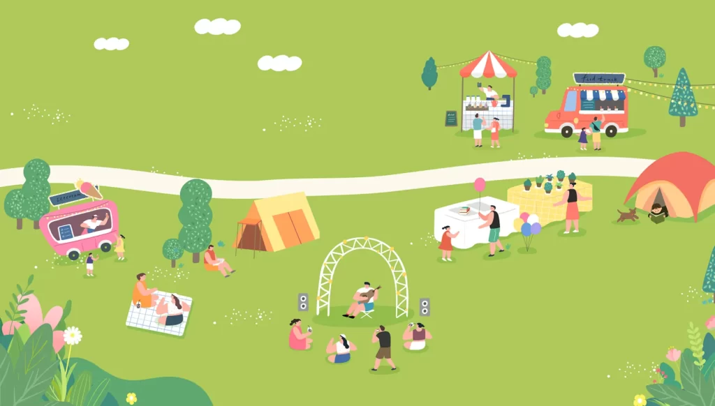 outdoor party picnic spring outing grassland park vector illustration