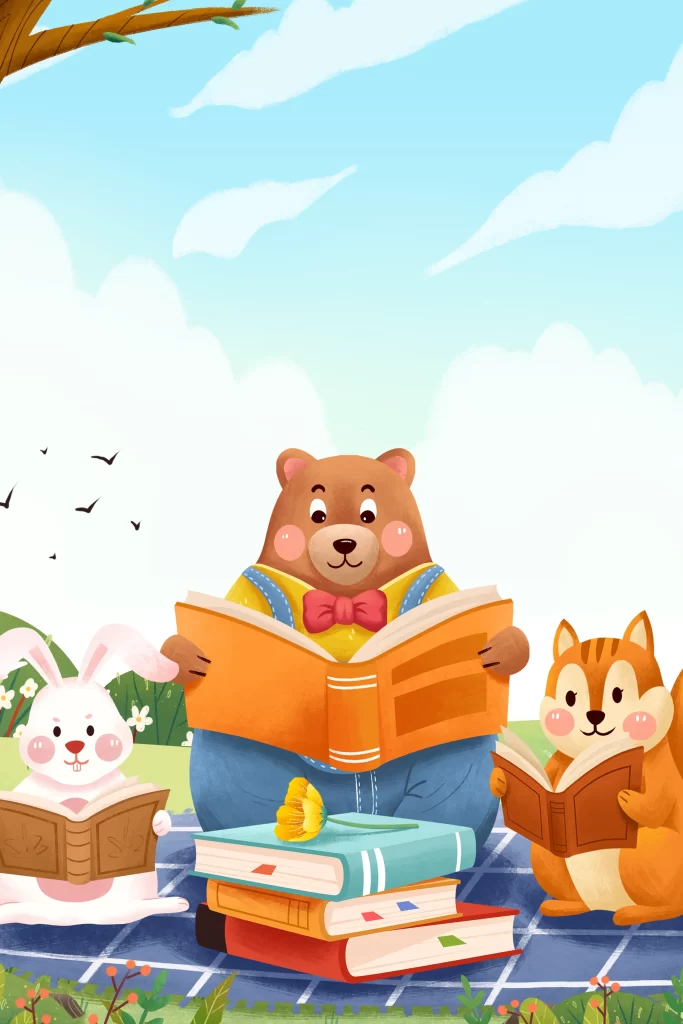 read reading book bear rabbit squirrel cartoon illustration