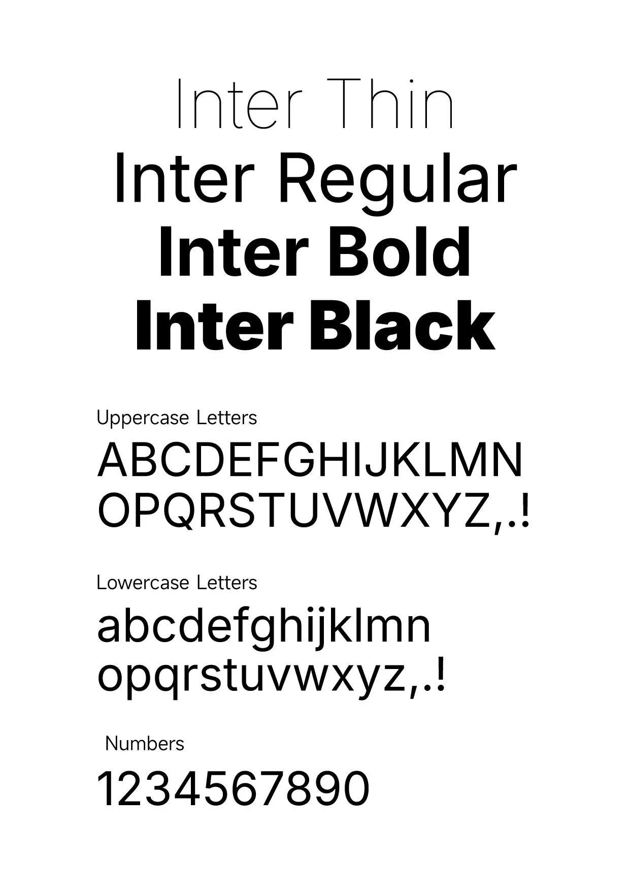 Inter font family preview showing Thin Regular Bold Black weights and character set