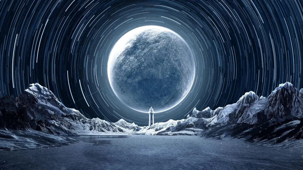 lighthouse moon starry sky mountain
