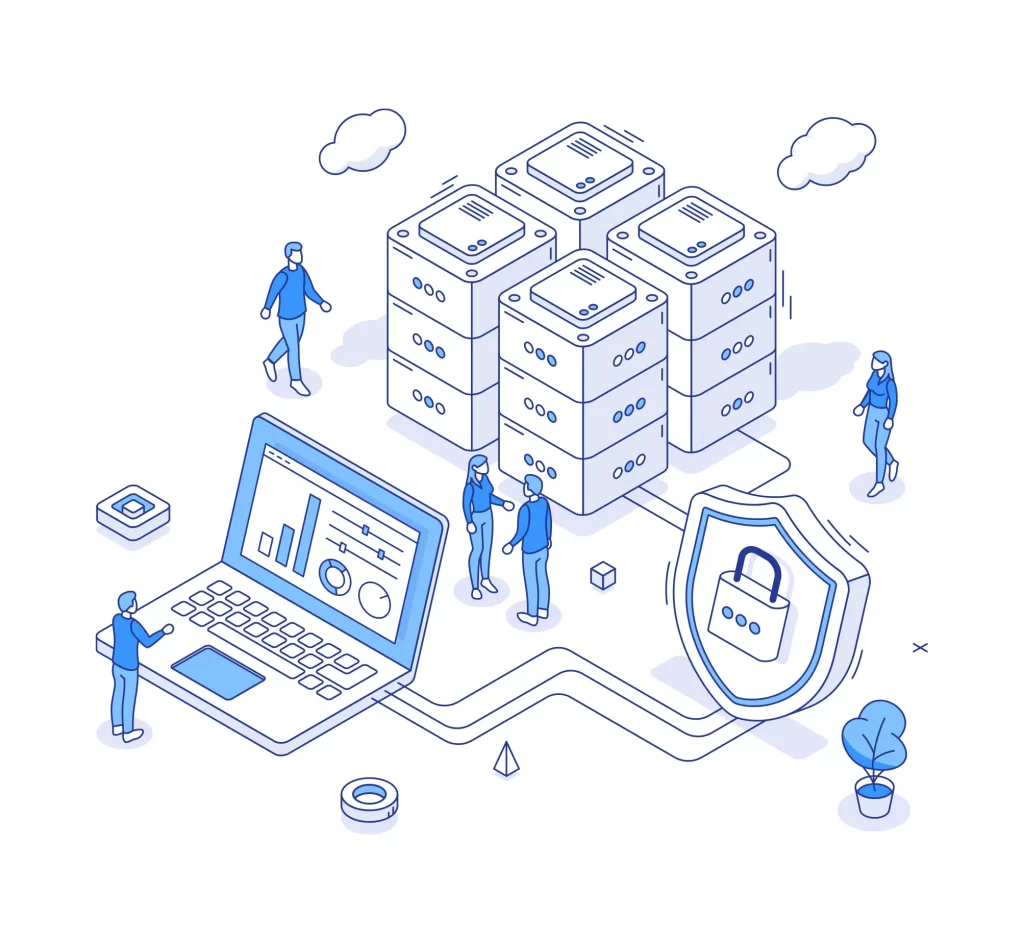 vector illustration safe safey computer laptop data server people