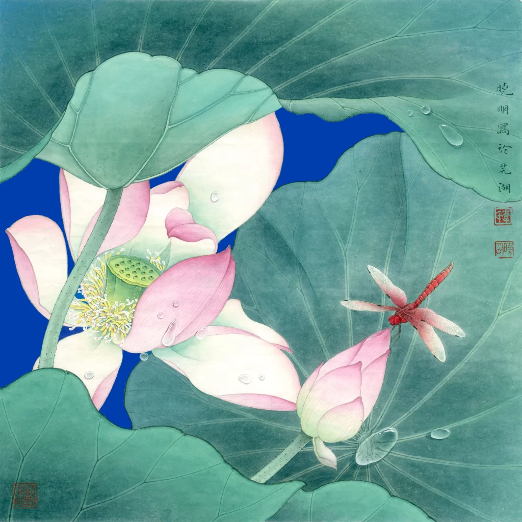 Chinese ink painting lotus leaves dragonfly