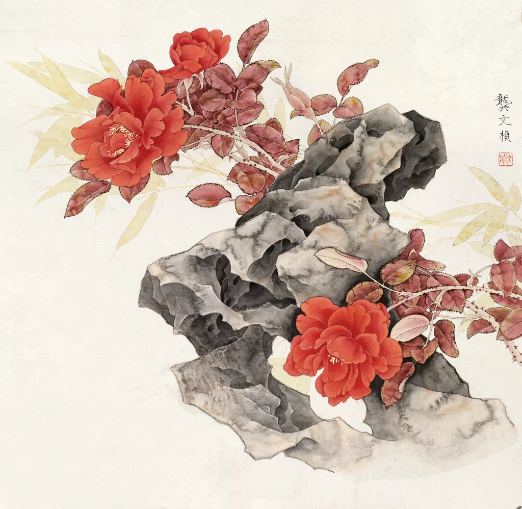 Chinese ink painting peony flower stone leaves