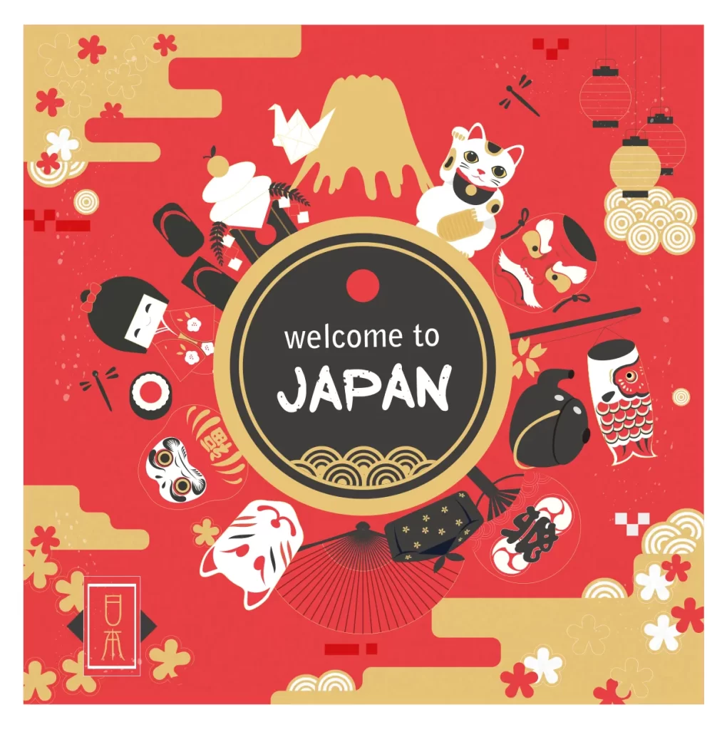 Japan koinobori Japanese Daruma doll maneki-neko vector illustration