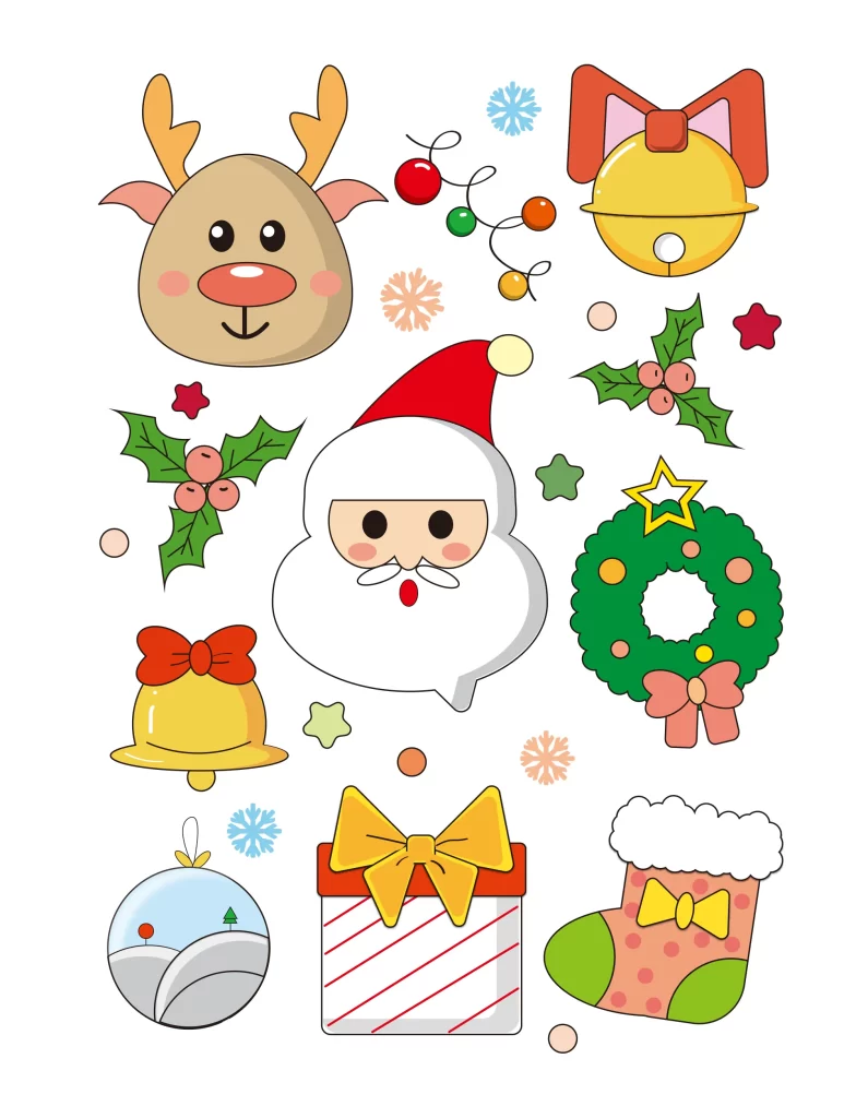 cartoon deer bell Merry Christmas wreath Santa Claus vector illustration
