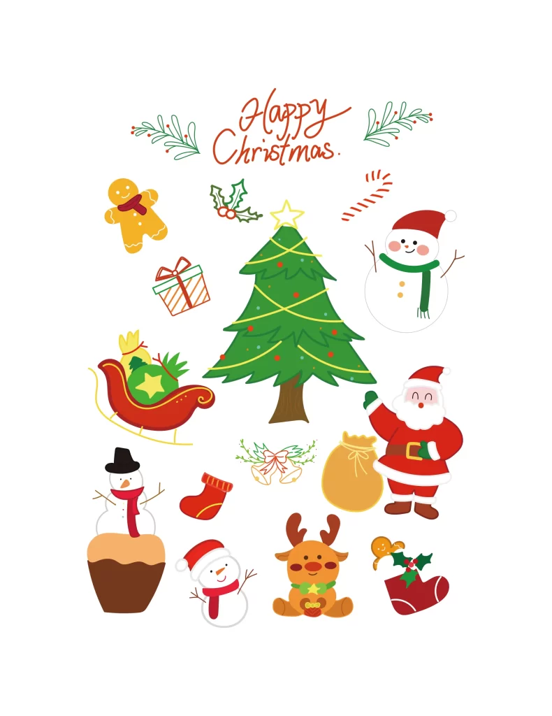 merry Christmas tree Santa Claus snowman deer cartoon vector illustration
