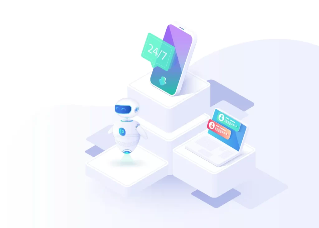 Mobile phone customer support laptop robot vector illustration