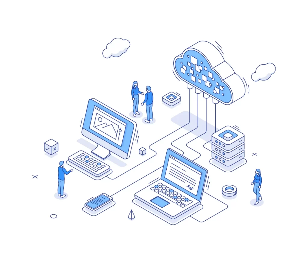 computer laptop people cloud technology vector illustration