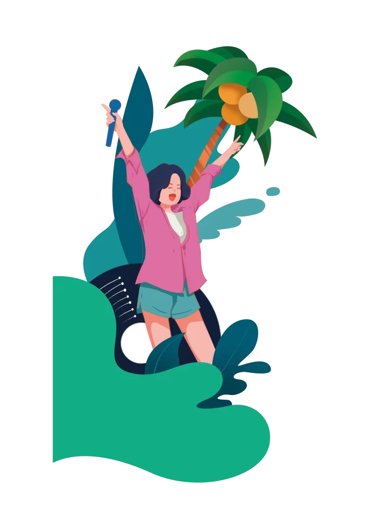 singer Summer Party woman coconut tree sea wave PSD