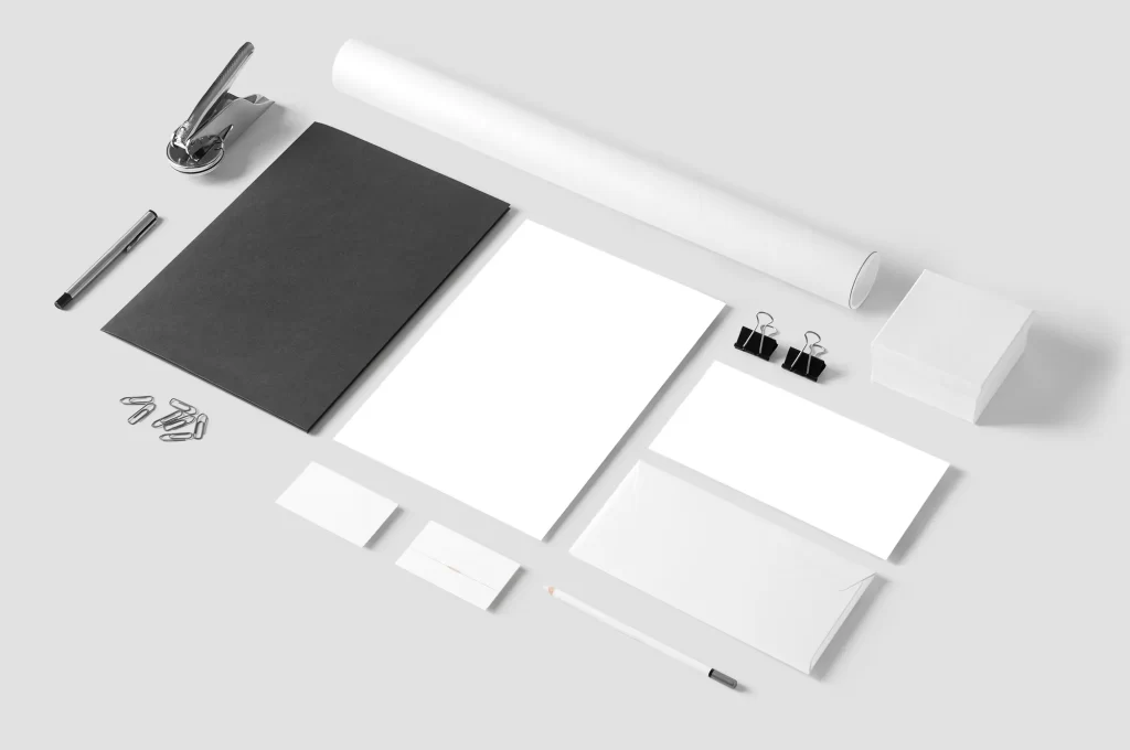 Office Supplies Stamp Folder pen pencil Letterhead Clips Tube Envelope Bussines Card mockup
