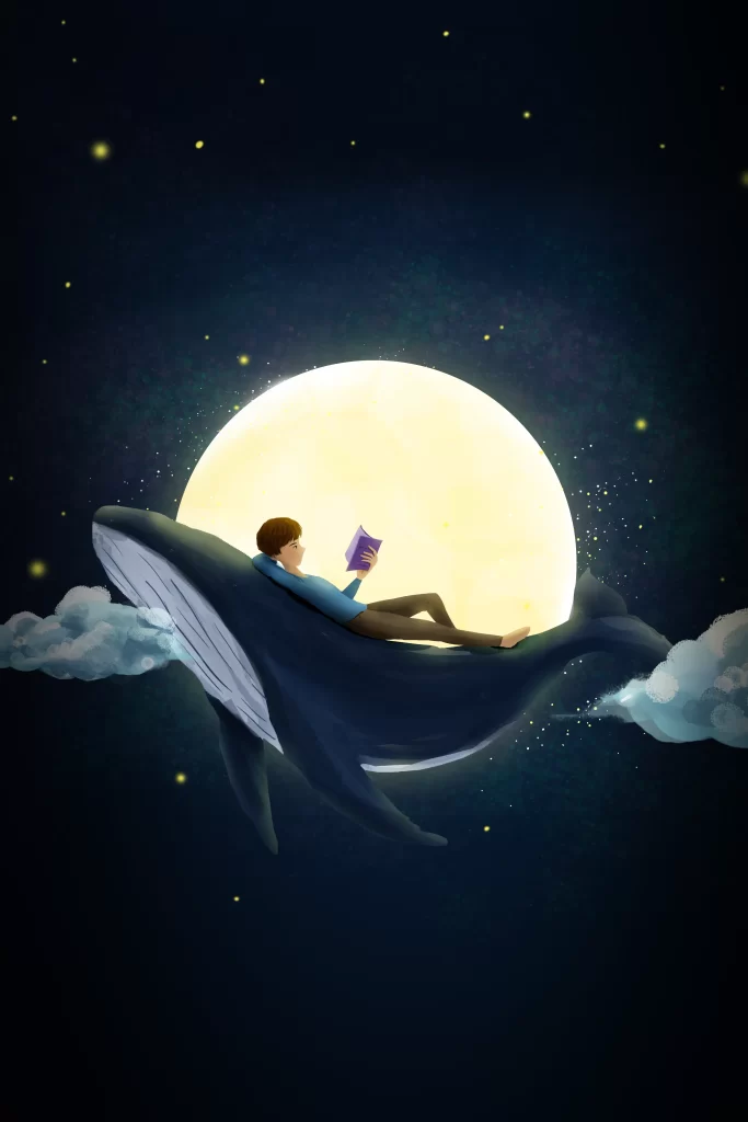 moon boy night read reading book whale PSD