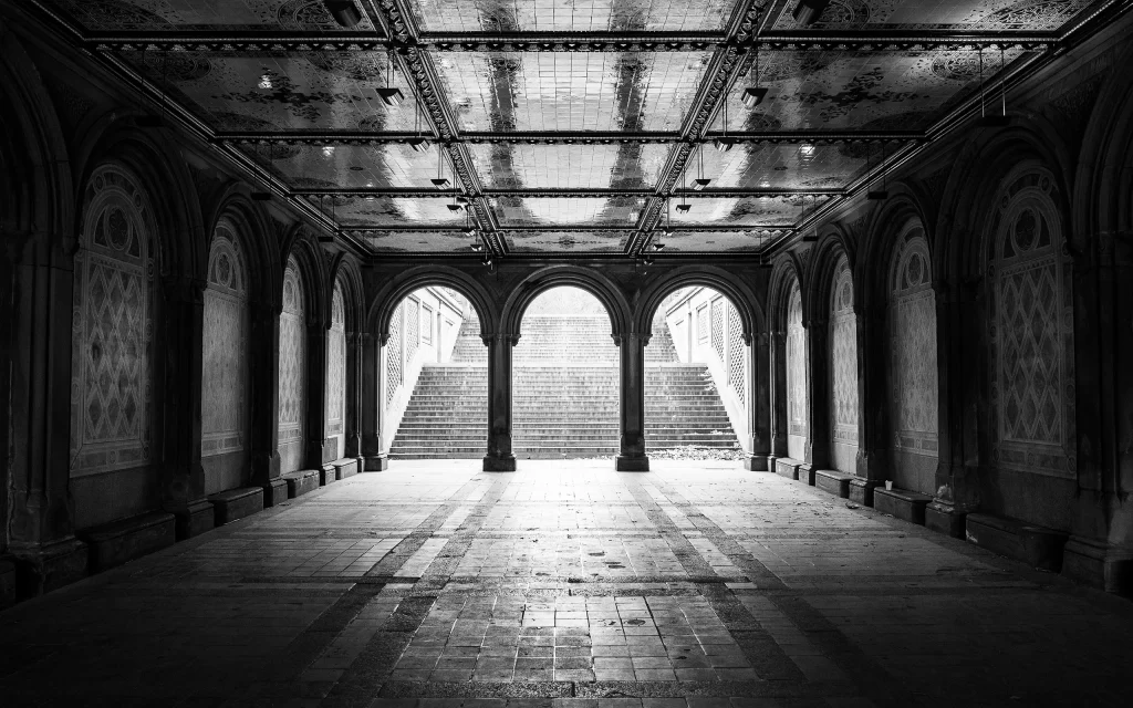 Arched Hallway Staircase Light Shadows Architecture