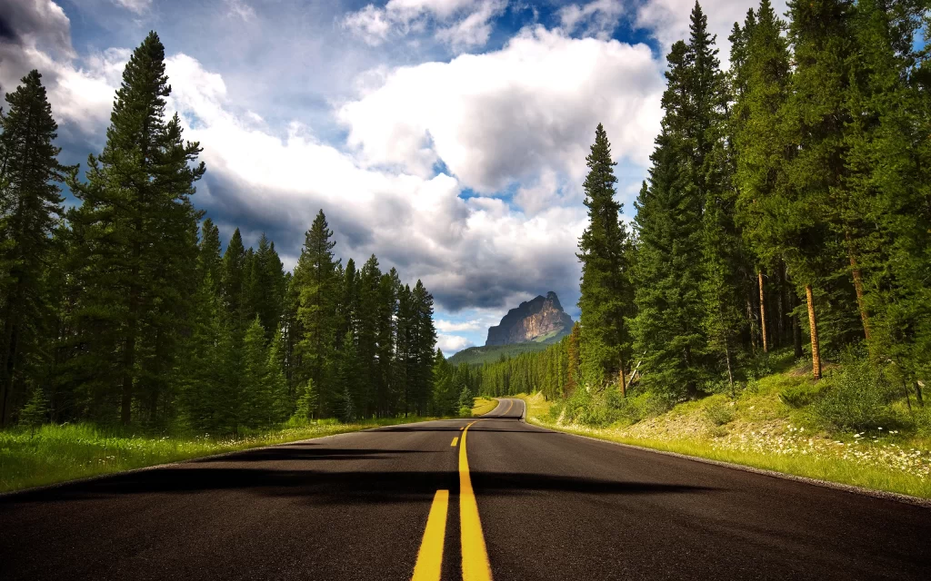 Asphalt Road Forest Trees Mountain Sky Clouds