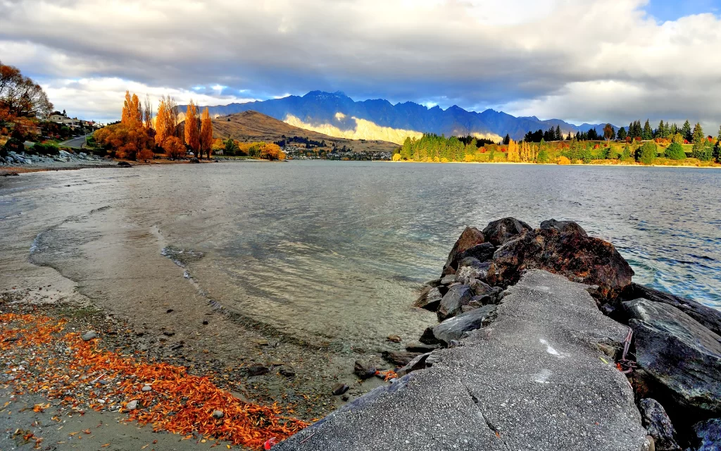 Autumn Leaves Lake Mountains Rocks Clouds