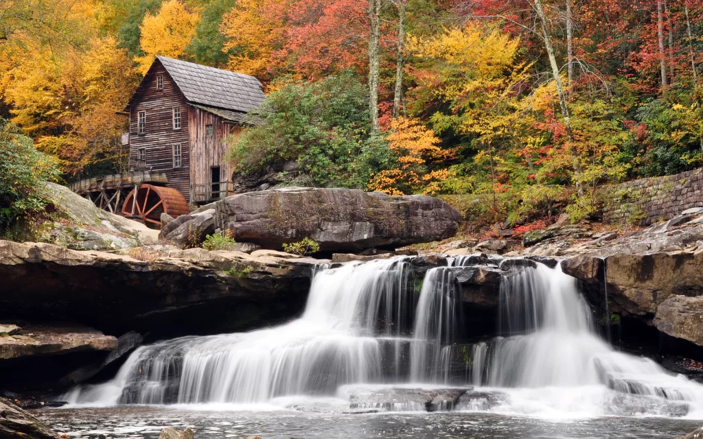 Autumn Leaves Waterfall Rustic Mill Nature Scenery