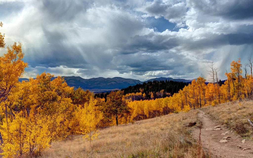 Autumn Trees Mountains Clouds Path Scenery