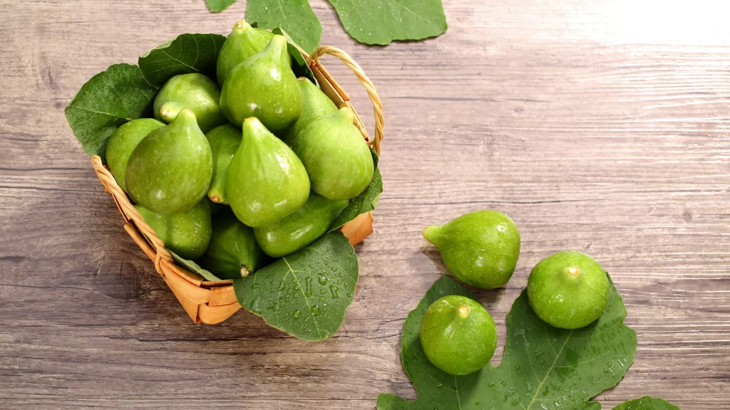Basket Figs Fresh Green Leaves Wood Table