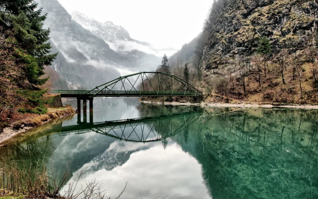 Bridge River Mountains Trees Reflection Mist