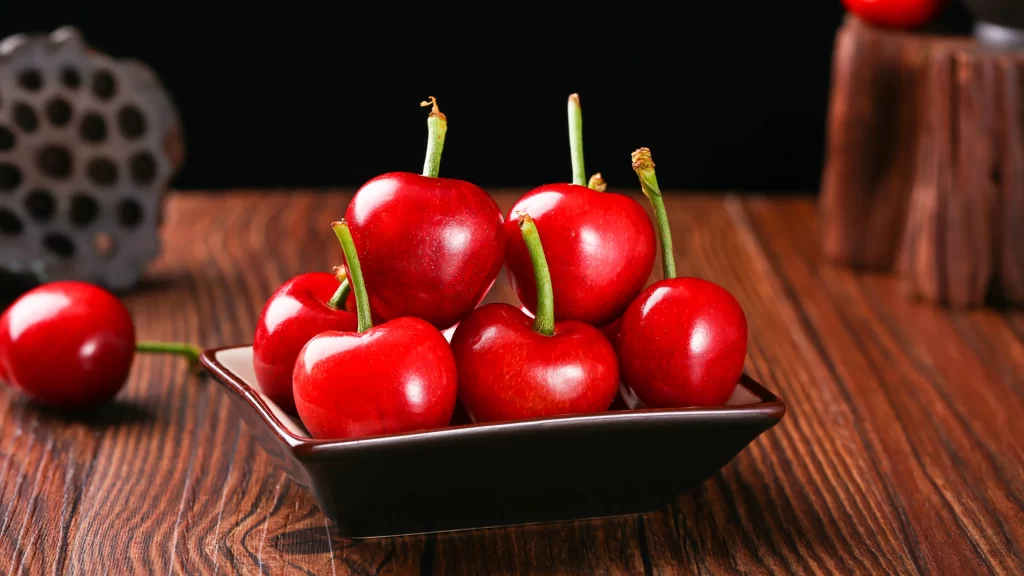 Cherries Red Fruit Bowl Wooden Table