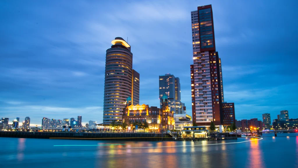 Cityscape Night Skyline Water Reflections Modern Architecture