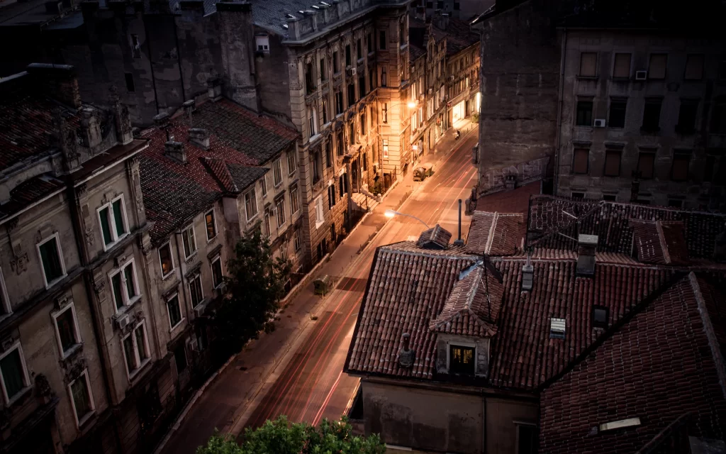 Cityscape Nighttime Street Lights Architecture Red Roofs