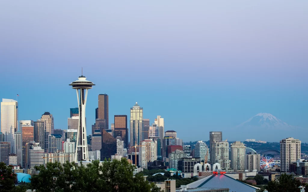 Cityscape Skyscrapers Space Needle Mountain Skyline Blue Sky