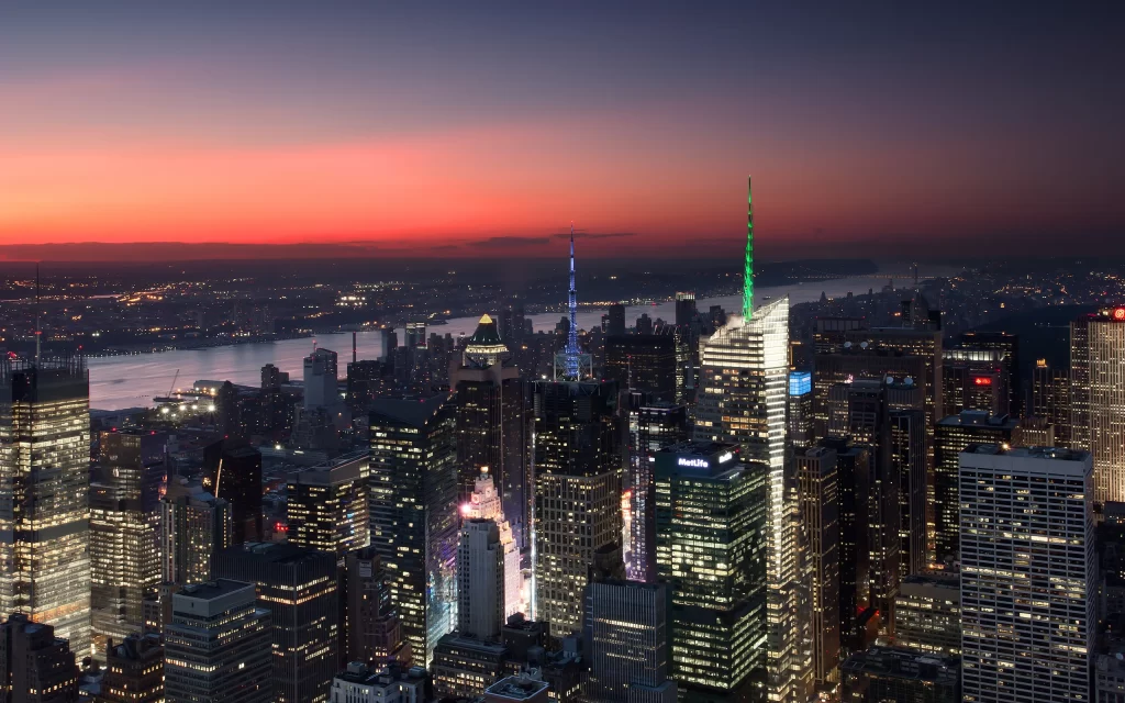 Cityscape Skyscrapers Sunset River Lights