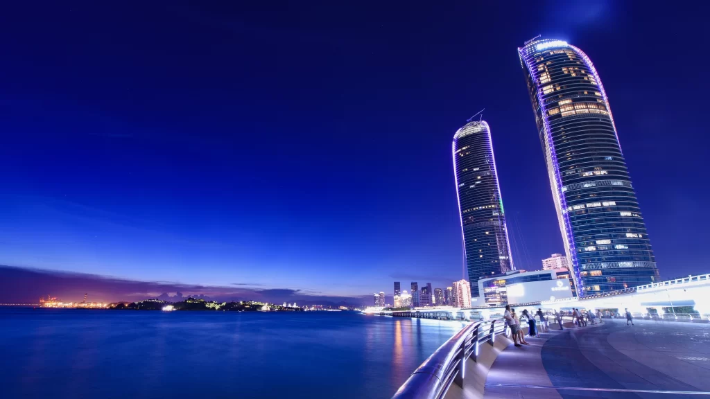 Cityscape Skyscrapers Twilight Waterfront Lights