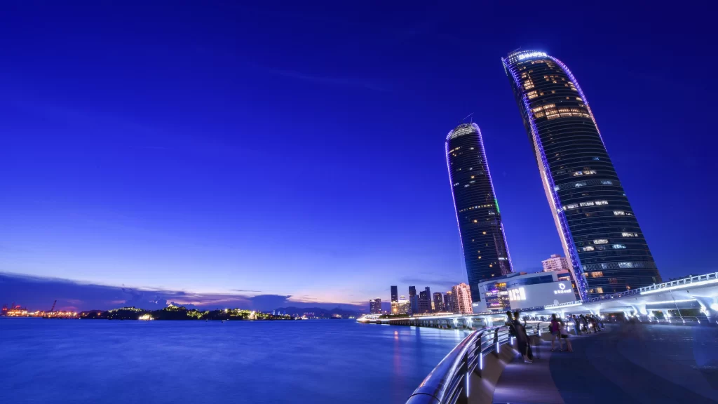 Cityscape Skyscrapers Waterfront Twilight Lights
