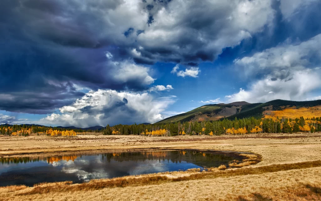Clouds Mountains Forest Lake Autumn