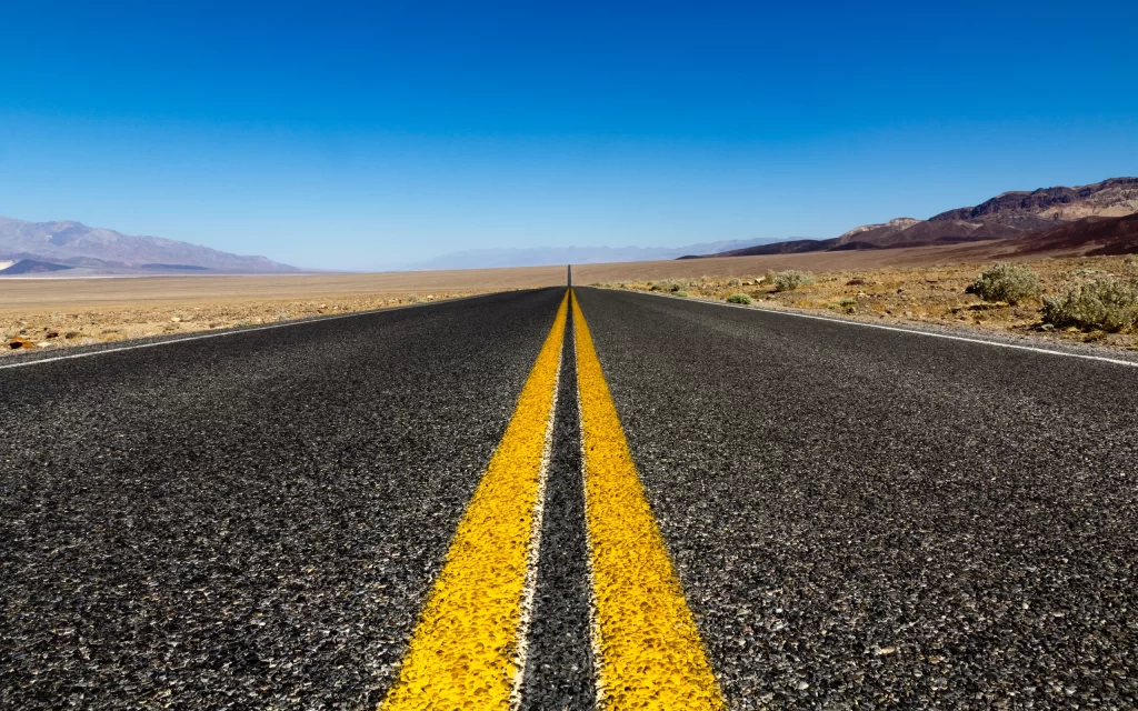 Desert Road Yellow Lines Horizon Mountains Blue Sky