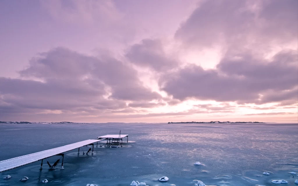 Frozen Lake Cloudy Sky Pier Snow Ice