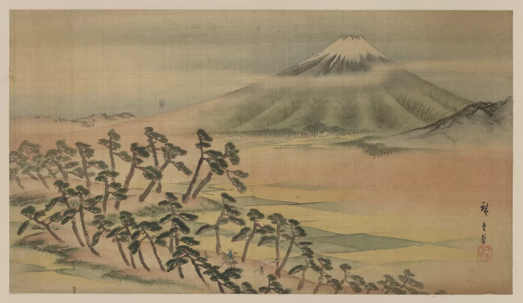 Traditional Japanese Landscape Painting Mount Fuji Pine Trees Mist Serene Nature